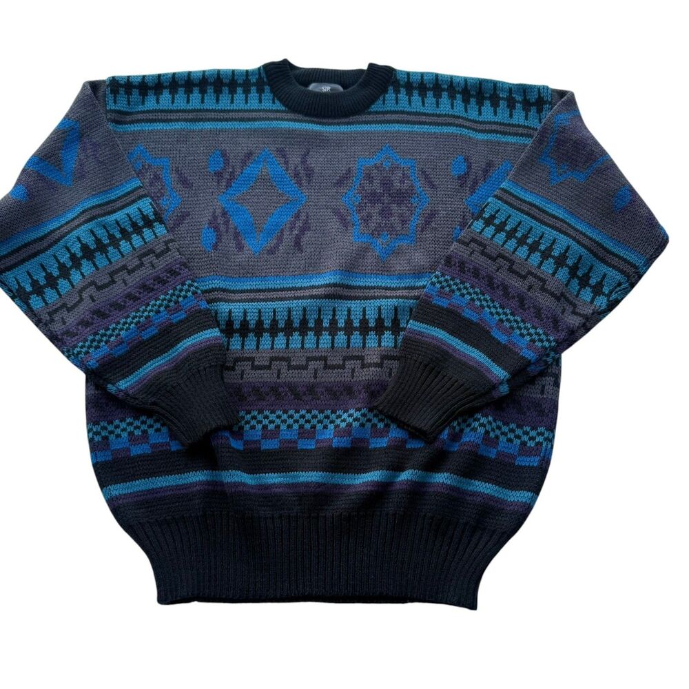 Vintage SIR William Sweater Mens L Blue Purple Geometric Crewneck 90s